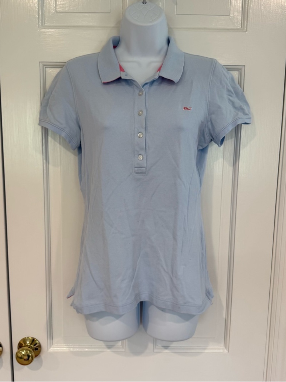 Vineyard Vines Women's Light Blue Button-Down Polo with Pink Logo Accent
